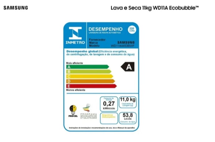 Lava e Seca Samsung WD11A Ecobubble WD11A4453BX Inox Look 11/7kg